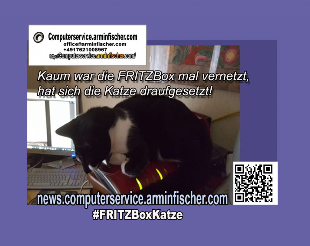 #FRITZBoxKatze - Kaum war die FRITZBox mal vernetzt, hat sich die Katze draufgesetzt. | http://news.computerservice.arminfischer.com/1286 .