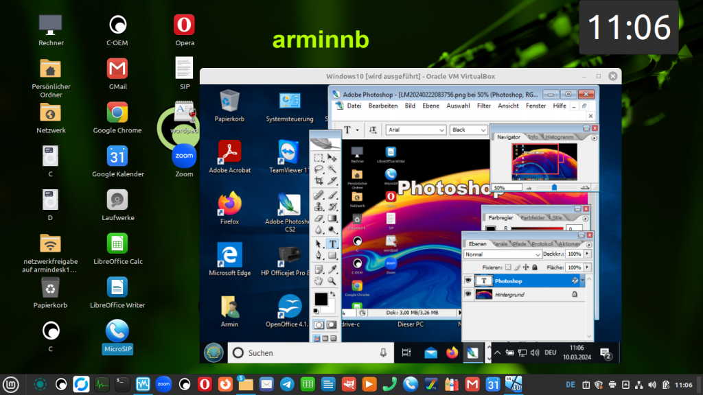 Adobe Photoshop CS2 in Oracle VM VirtualBox in einem virtuellen Windows 10 unter LinuxMint ausgeführt. Läuft tendenziell flüssig.