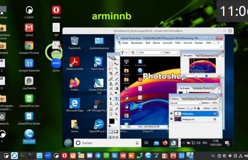 Adobe Photoshop CS2 in Oracle VM VirtualBox in einem virtuellen Windows 10 unter LinuxMint ausgeführt. Läuft tendenziell flüssig.